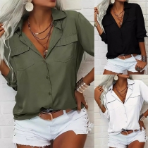 Fashion Solid Color Long Sleeve POLO Collar Shirt