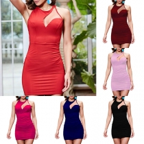 Sexy Backless Hollow Out Solid Color Slim Fit Party Dress