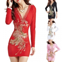 Sexy Deep V-neck Long Sleeve Slim Fit Embroidered Dress
