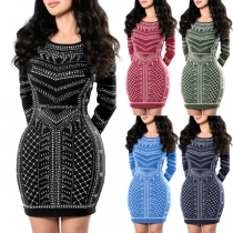 Sexy Backless Long Sleeve Round Neck Printed Bodycon Dress
