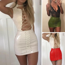 Fashion Solid Color High Waist Lace-up PU Leather Skirt 