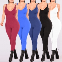 Sexy Backless V-neck Solid Color Sling Tight Jumpsuit