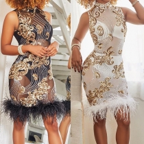 Sexy Sleeveless Feather Spliced Hem Slim Fit See-through Sequin Dress