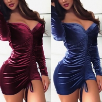 Sexy Off-shoulder V-neck Long Sleeve Solid Color Tight Dress