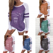 Fashion Contrast Color Long Sleeve Round Neck Printed T-shirt 