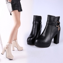 Fashion Round Toe Thick High-heeled Zipper Crystal Pendant Strape Matin Boots