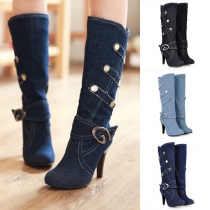 Fashion Round Toe Solid Color Thin High-heeled Tall Strape Boots