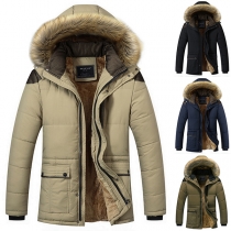 Fashion Solid Color Long Sleeve Plush Lining Hooded Men's Coat  （Size Run Small）