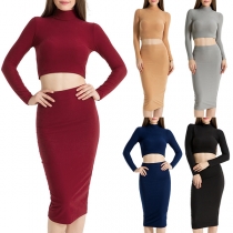 Sexy Long Sleeve Mock Neck Crop Top + High Waist Skirt Two-piece Set