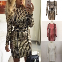 Fashion Long Sleeve Round Neck Slim Fit Sequin Dress