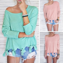 Fashion Solid Color Long Sleeve Round Neck Tassel Hem T-shirt 