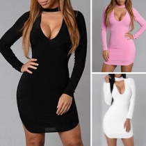 Fashionable Deep V-neck Long Sleeve Solid Color Over-hip Dress 