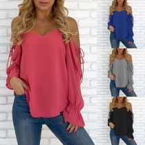 Sexy Off-shoulder V-neck Long Sleeve Solid Color Chiffon Top 