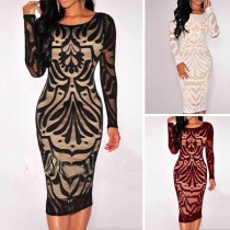 Sexy Round-neck Lace Spliced Printed Pattern Long Sleeve Over-hip Dress