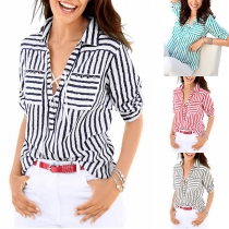 Fashion Long Sleeve V-neck Striped Blouse