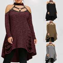 Sexy Off-shoulder Long Sleeve High-low Hem Ripped Top 