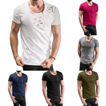 Fashion Solid Color Long Sleeve Round Neck Ripped Men's T-shirt 