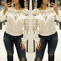 Sexy Hollow Out Lace Spliced Long Sleeve Ruffle Top 
