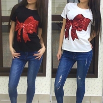 Fashion Short Sleeve Round Neck Sequin Bowknot T-shirt 
