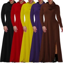 Elegant Solid Color Long Sleeve Heaps Collar Slit Hem Dress