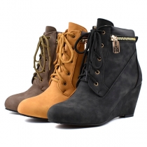 Fashion Round Toe Wedge Heel Lace-up Martin Boots