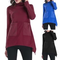 Fashion Solid Color Heaps Collar Irregular Hem T-shirt 