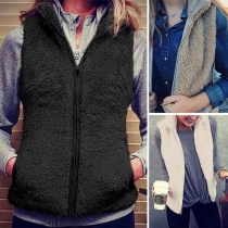 Fashion Solid Color Sleeveless Stand Collar Plush Vest 