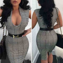 Sexy Deep V-neck Sleeveless Slim Fit Plaid Dress