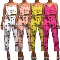 Sexy Printed Cami Top + High Waist Pants Two-piece Set 