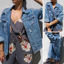 Fashion Long Sleeve POLO Collar Ripped Denim Coat 