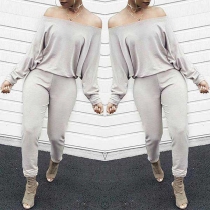 Sexy Off-shoulder Boat Neck Dolman Sleeve Solid Color Jumpsuit 