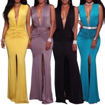 Sexy Deep V-neck Slit Hem Sleeveless Solid Color Party Dress
