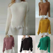 Fashion Solid Color Long Sleeve Round Neck Wavy Hem Sweater