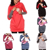 Fashion Contrast Color Long Sleeve Hooded Breast-feed Sweatshirt