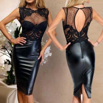 Sexy Backless Lace Spliced Sleeveless Slim Fit PU Leather Dress