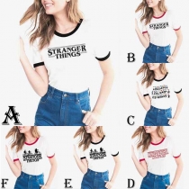 Fashion Contrast Color Short Sleeve Round Neck Letters Printed T-shirt 