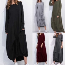 Chic Style Long Sleeve Round Neck Solid Color Lantern Dress