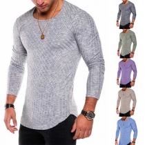 Fashion Solid Color Long Sleeve Round Neck Arc Hem Men's T-shirt 