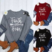 Fashion Letters Printed Long Sleeve V-neck T-shirt 