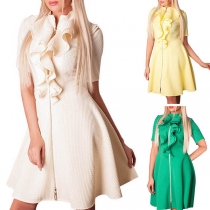 Elegant Solid Color Short Sleeve Round Neck Ruffle Dress