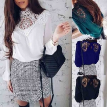 Sexy Hollow Out Lace Spliced Long Sleeve Chiffon Top 