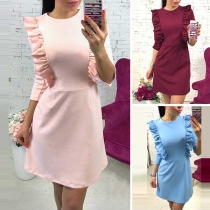 Sweet Style 3/4 Sleeve Round Neck Solid Color Ruffle Dress