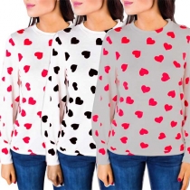 Fashion Long Sleeve Round Neck Heart Printed T-shirt 