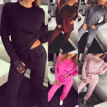 Fashion Solid Color Long Sleeve Round Neck T-shirt + Pants Two-piece Set 