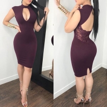 Sexy Lace Spliced Backless Hollow Out Sleeveless Tight Dress