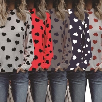 Fashion Heart Printed Long Sleeve Round Neck T-shirt