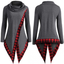 Fashion Long Sleeve Heaps Collar Plaid Spliced Irregular Hem Top 