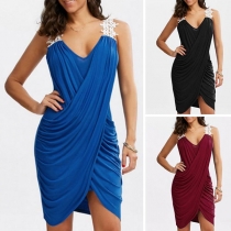 Sexy V-neck Irregular Hem Lace Spliced Sleeveless Dress