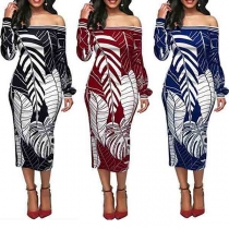 Sexy Off-shoulder Boat Neck Long Sleeve Slim Fit Printed Dress