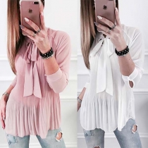 Sweet Lace-up Bowknot Long Sleeve Solid Color Pleated Blouse